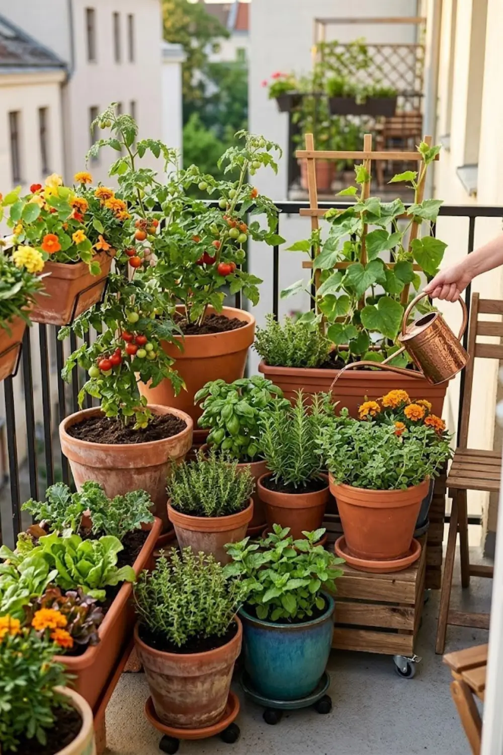 Productive container garden on apartment balcony