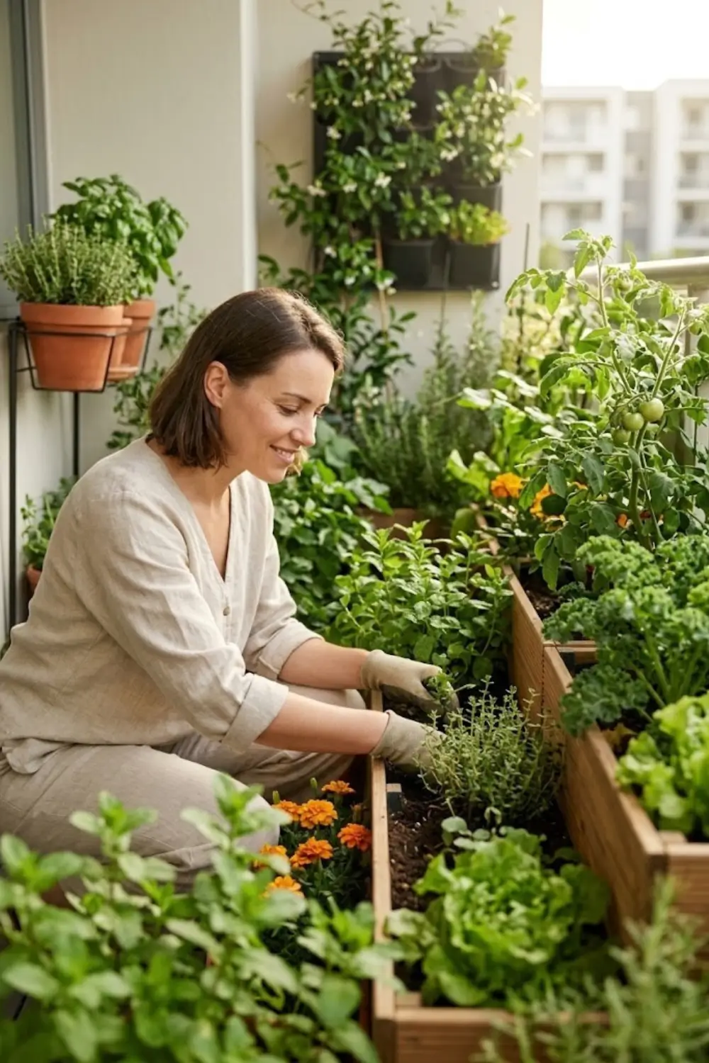 Person caring for plants in a home garden promoting relaxation and mindful living