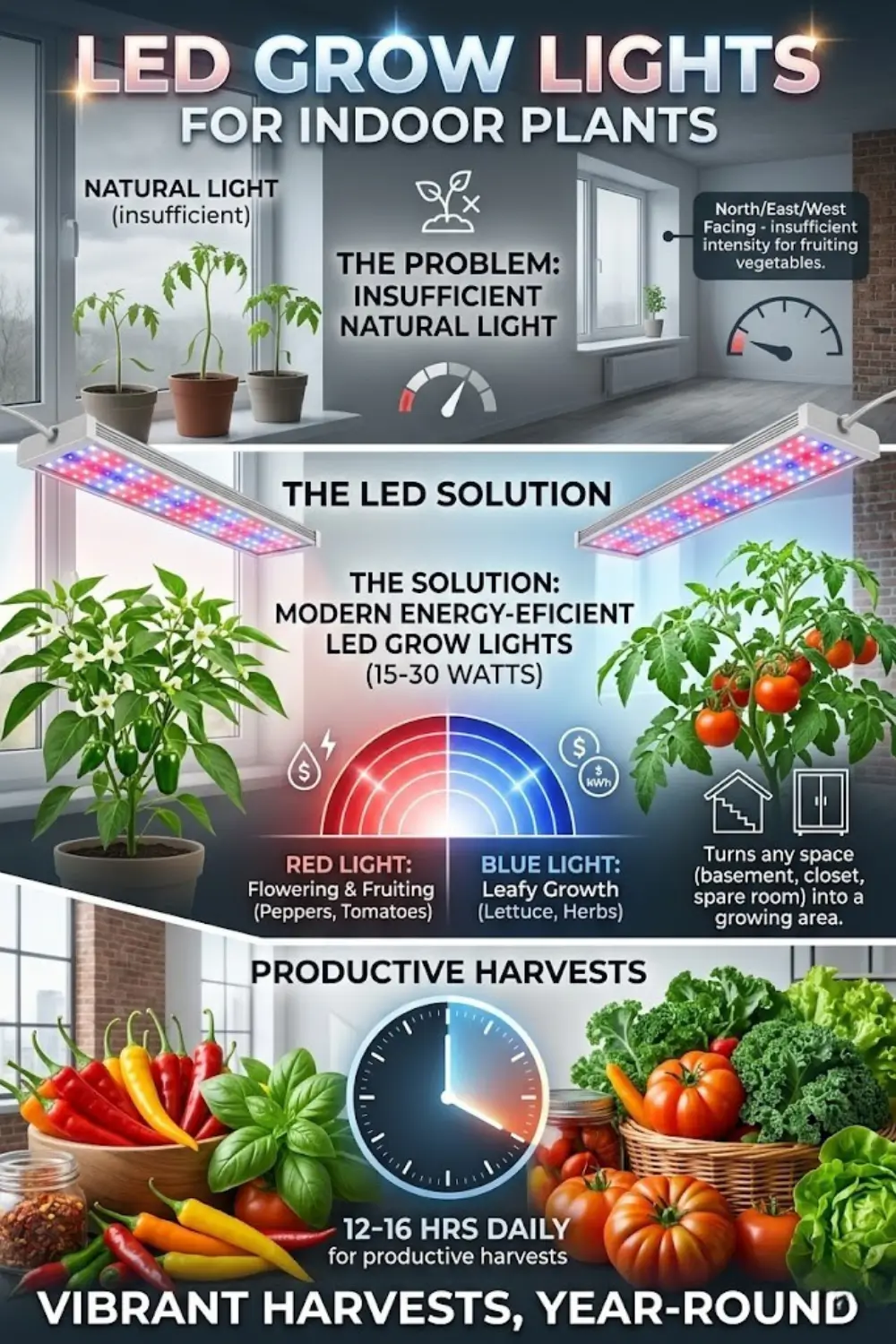LED grow lights setup for indoor plants with insufficient natural sunlight