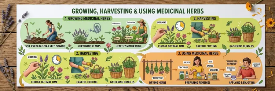 Step-by-step illustrated guide to growing, harvesting, and using medicinal herbs — covering soil preparation, seed sowing, nurturing plants, morning harvesting, careful cutting, air drying, and preparing herbal remedies like tinctures, oils, salves, and relaxation tea