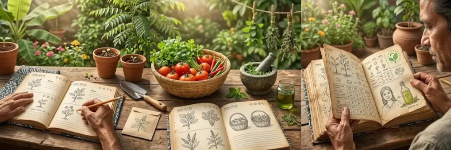 Garden journal and herbs laid out for recording planting notes