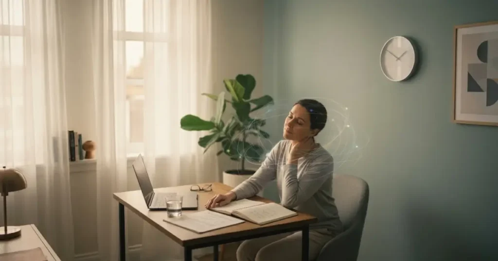A woman sitting at a home office desk, holding her aching neck with her eyes closed in pain or exhaustion. Abstract, glowing concentric circles surround her head and neck, illustrating stress, mental fatigue, or a headache. A laptop, open notebook, and glass of water sit on the wooden desk in front of her