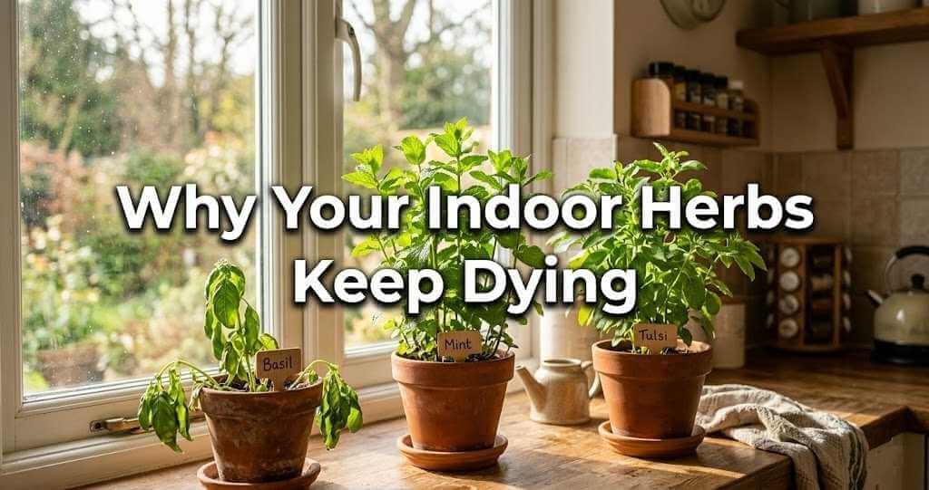 A slightly wilted basil plant next to healthy indoor herbs on a windowsill, illustrating the common mistakes that kill indoor plants.
