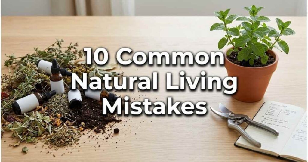 A messy pile of unidentified herbs next to a clean, organized gardening setup, illustrating the common mistakes beginners make in natural living.