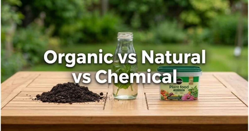 Three different gardening inputs on a table representing organic, natural, and chemical products, illustrating the need for label clarity in home wellness.
