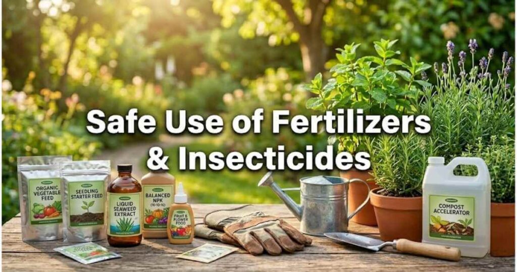 Gardening tools, fertilizers and healthy potted herbs representing the safe use of fertilizers and insecticides in a home garden.