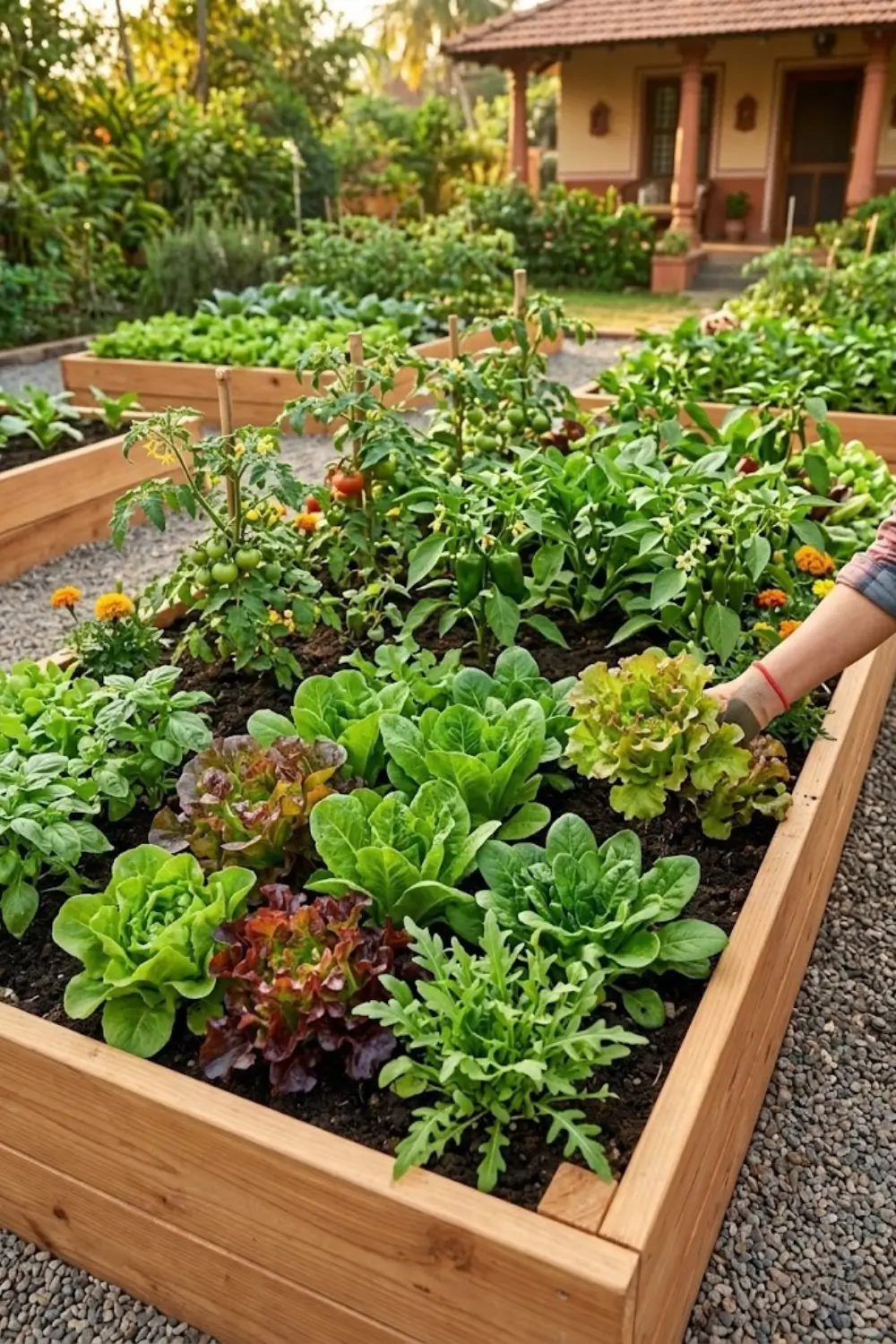 Raised garden bed with fresh vegetables growing in a home backyard garden
