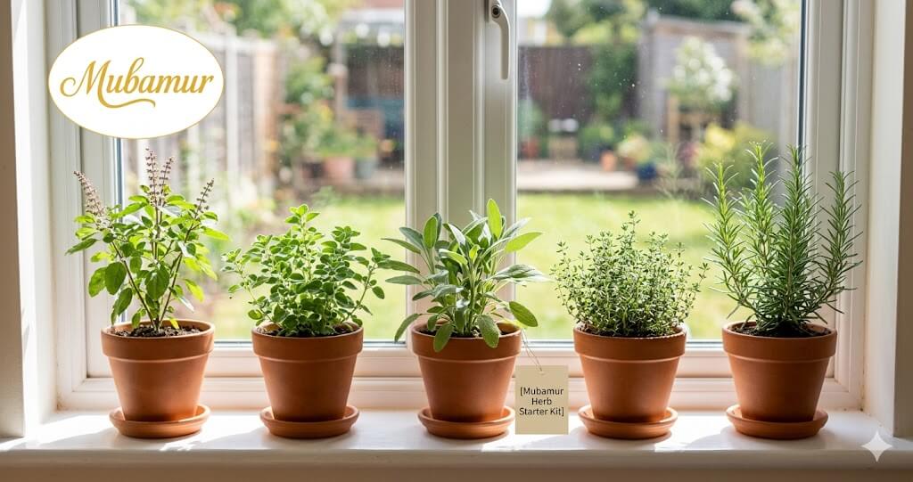 Potted medicinal herbs including Holy Basil, Rosemary, and Thyme thriving on a bright, sunny kitchen window sill, representing simple home wellness and indoor gardening.