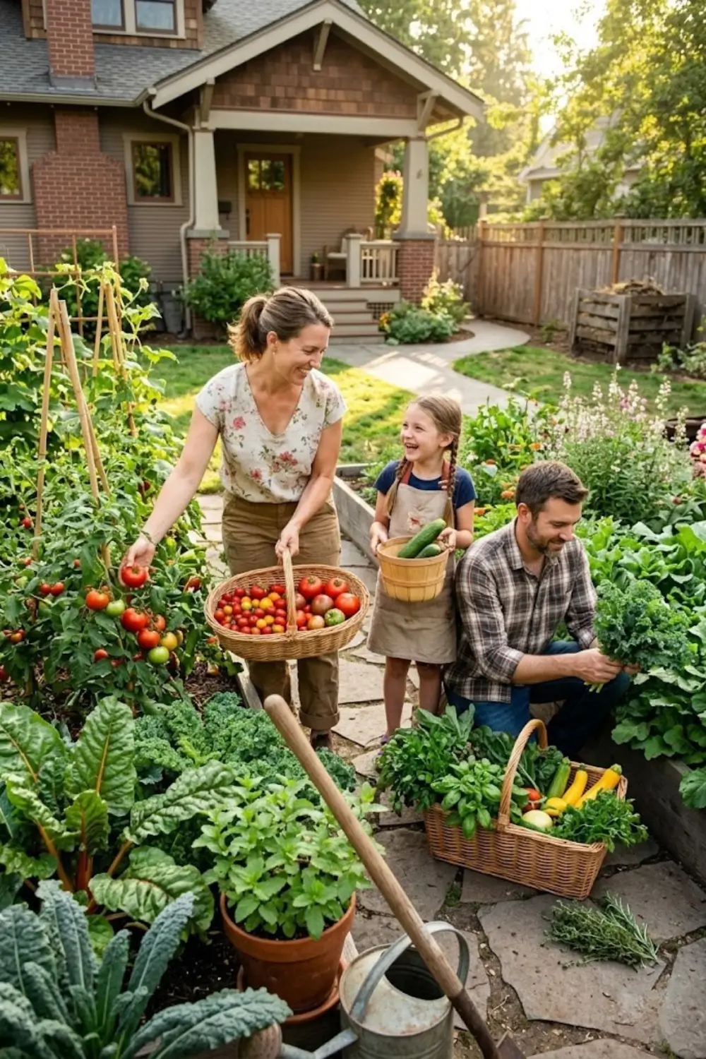 Family harvesting fresh vegetables from home garden