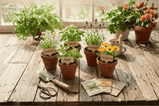 Indoor herb garden with chamomile, lavender, mint, basil, and echinacea growing in terracotta pots on a bright American windowsill — wellness gardening for beginners