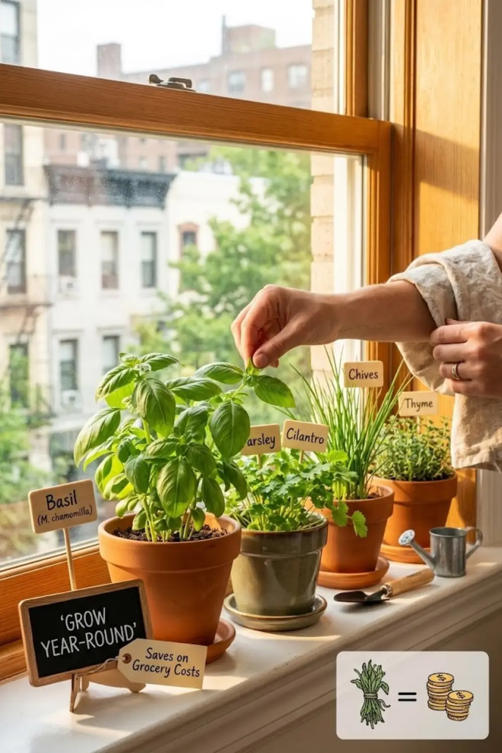 Fresh herbs growing on sunny kitchen windowsill