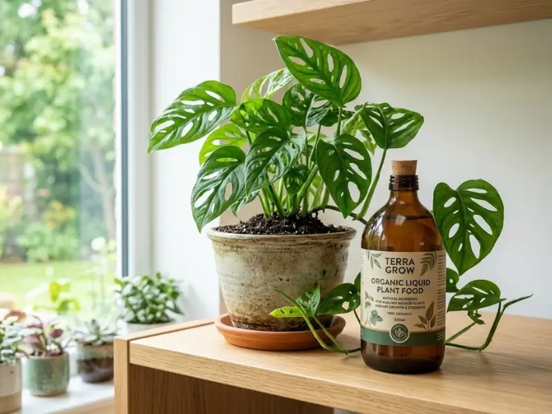 A bottle of organic liquid plant food sitting next to a healthy, vibrant potted plant on a bright indoor wooden shelf.