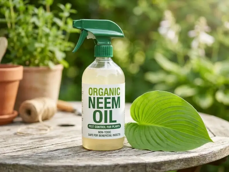Organic neem oil spray bottle on a rustic wooden garden table for safe, natural pest control.