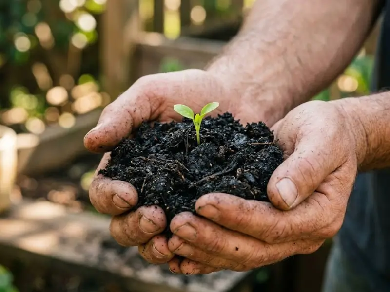 Gardener's hands cupping nutrient-rich premium potting soil and organic compost with a tiny green seedling sprouting.