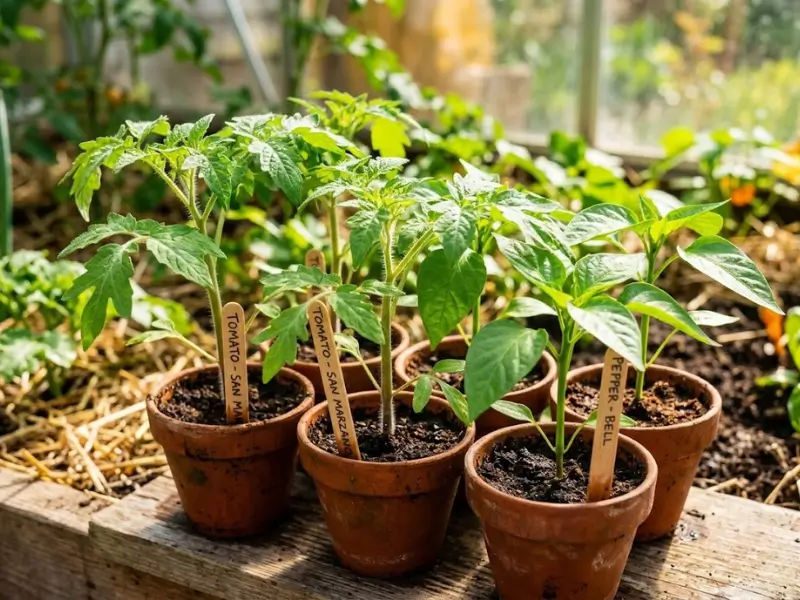 Live vegetable plants including vibrant tomato and bell pepper seedlings in terracotta pots, ready for home gardening and transplanting.