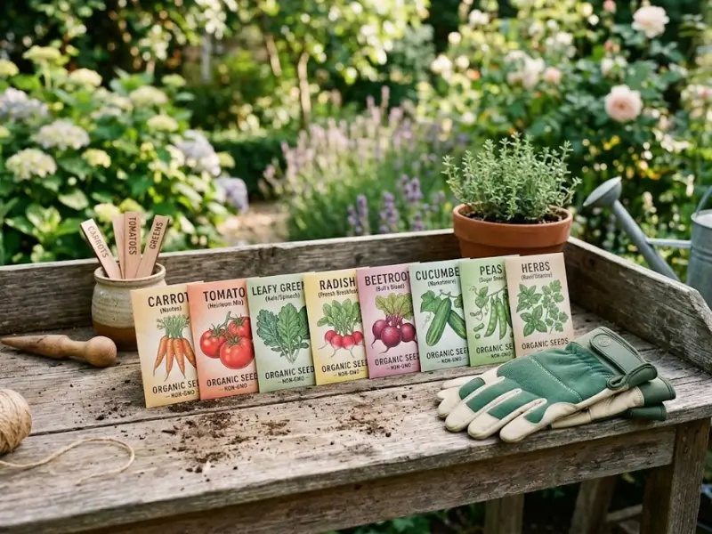 Organic vegetable seed packets and starter kits arranged on a rustic potting bench alongside green gardening gloves.