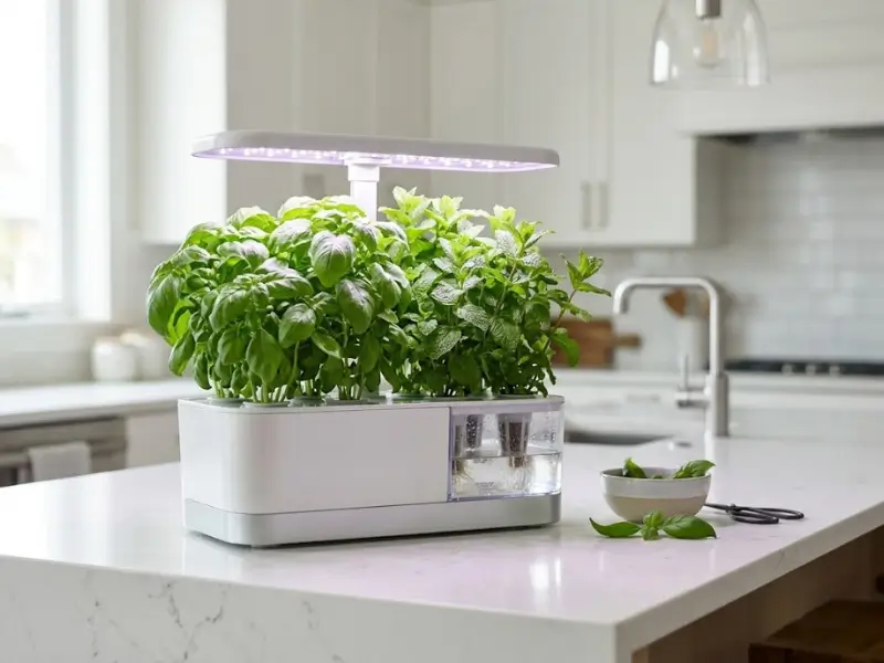 Smart indoor hydroponic system with automated LED lights growing fresh herbs on a bright kitchen counter.