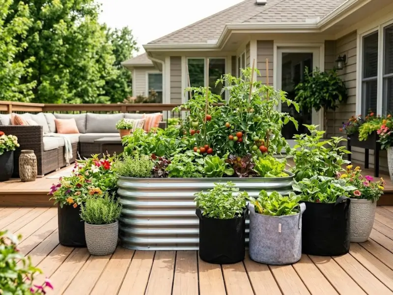 Ergonomic galvanized raised garden bed, breathable fabric pots, and stylish decorative planters filled with lush plants on a sunny patio deck.