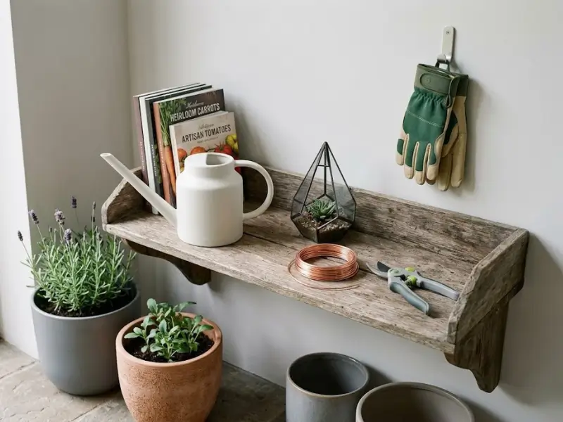 Essential garden tools including comfortable gloves, sharp pruners, and a modern watering can organized neatly on a rustic wooden shelf.