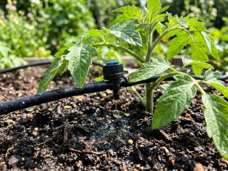 Automated drip irrigation kit delivering water directly to the base of a young vegetable plant in rich garden soil.