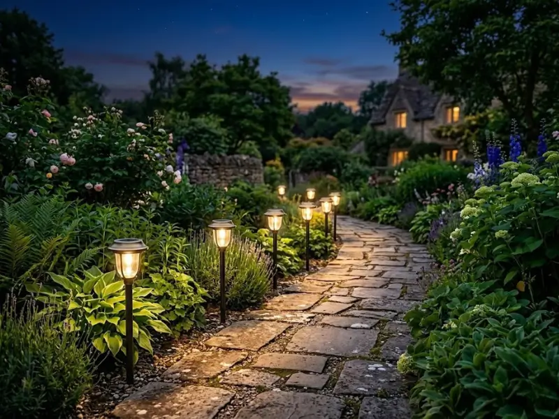 Weatherproof solar-powered stake lights illuminating a beautifully landscaped stone garden path at dusk.