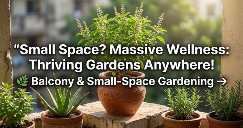 An engaging social media link preview image showing a hand gently touching a Tulsi plant on a balcony, with an arrow and text promoting beginner-friendly small-space gardening.