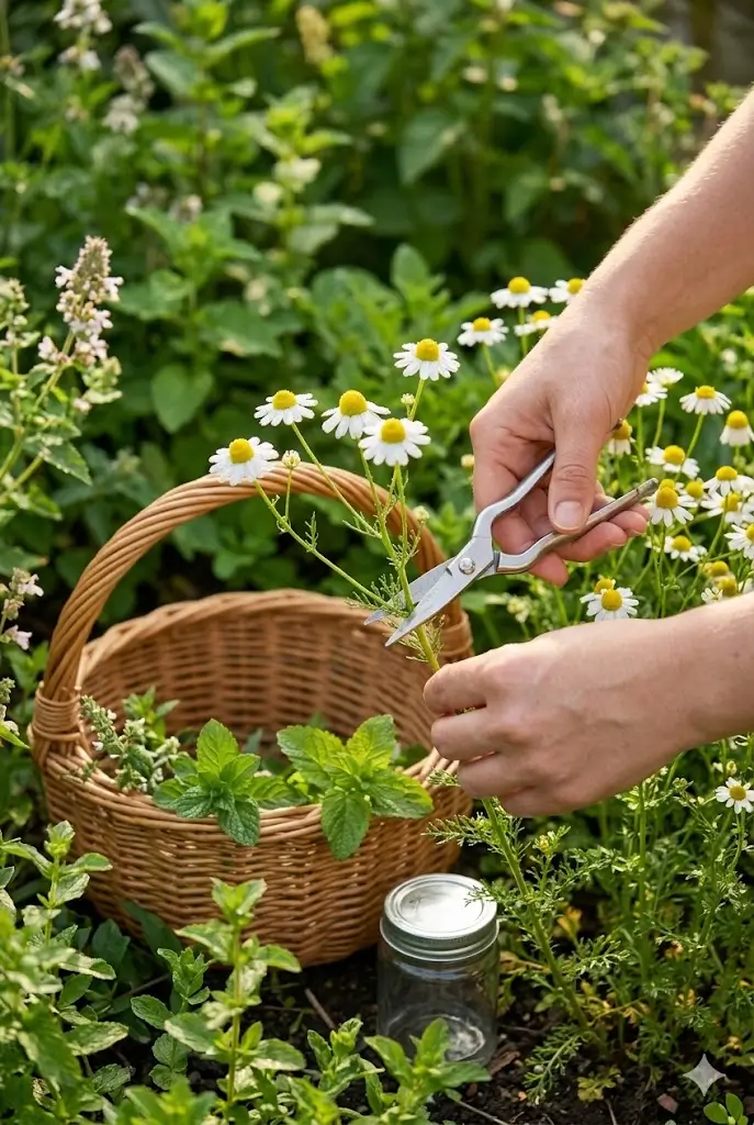 Close-up of a hand harvesting fresh chamomile from a backyard garden