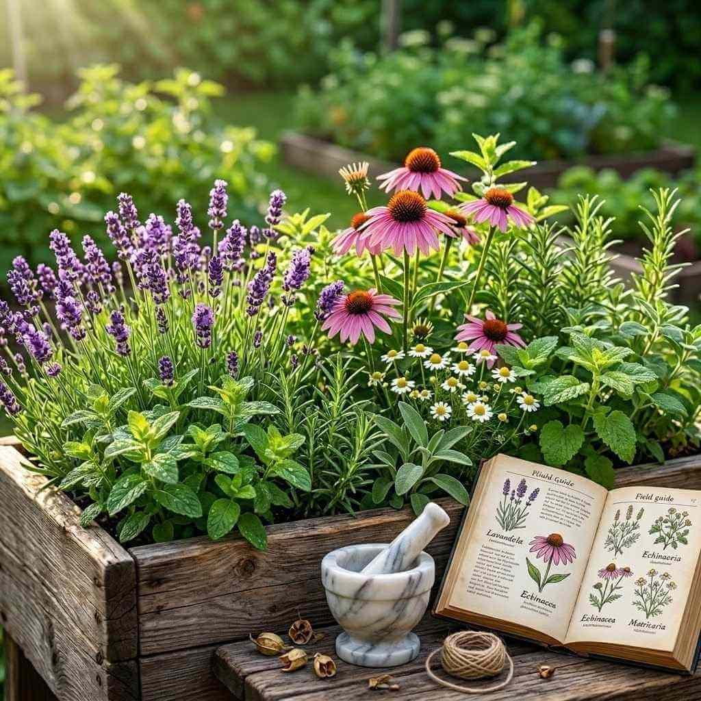 A vibrant medicinal herb garden with lavender, echinacea, and chamomile alongside a mortar and pestle