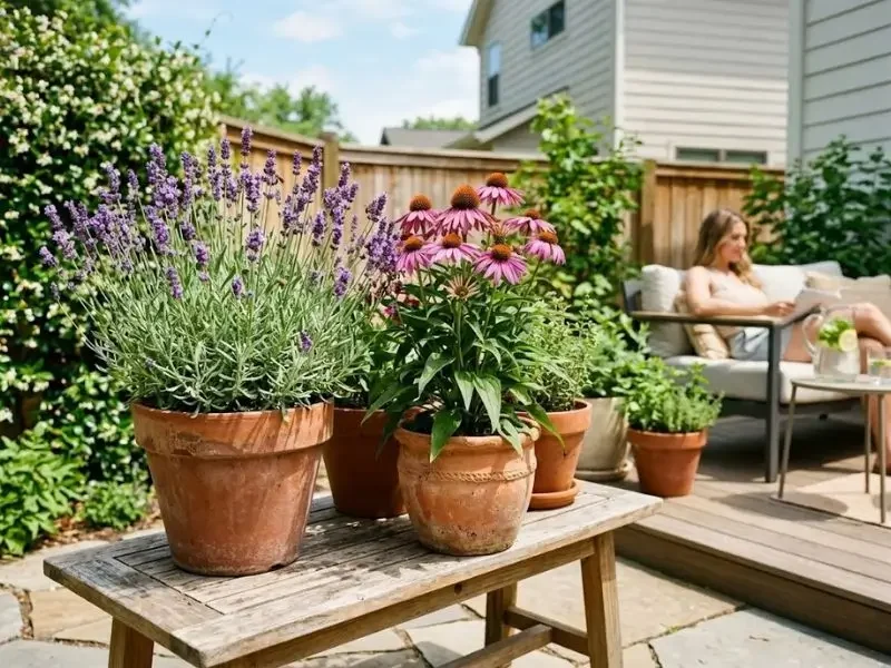 Live potted lavender and pink echinacea plants in terracotta pots sitting on a rustic wooden table on a sunny backyard patio for a home apothecary garden.