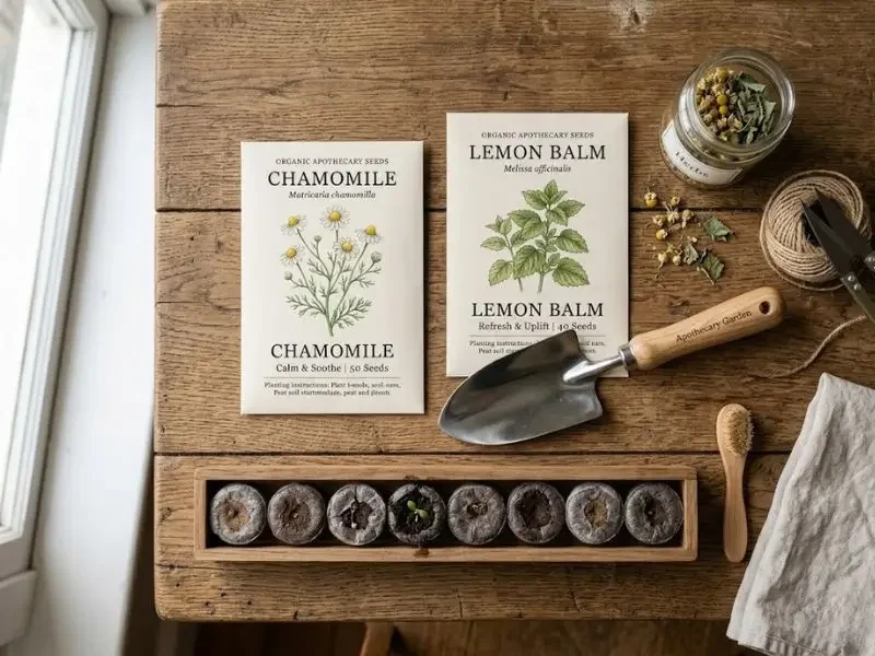 Apothecary herb seed starter setup featuring chamomile and lemon balm packets, soil pods, and a trowel on a rustic wooden table by a window.